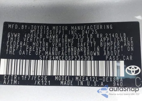 2025 Toyota Corolla Se из США, поврежденный, VIN 5YFS4MCE0SP235308